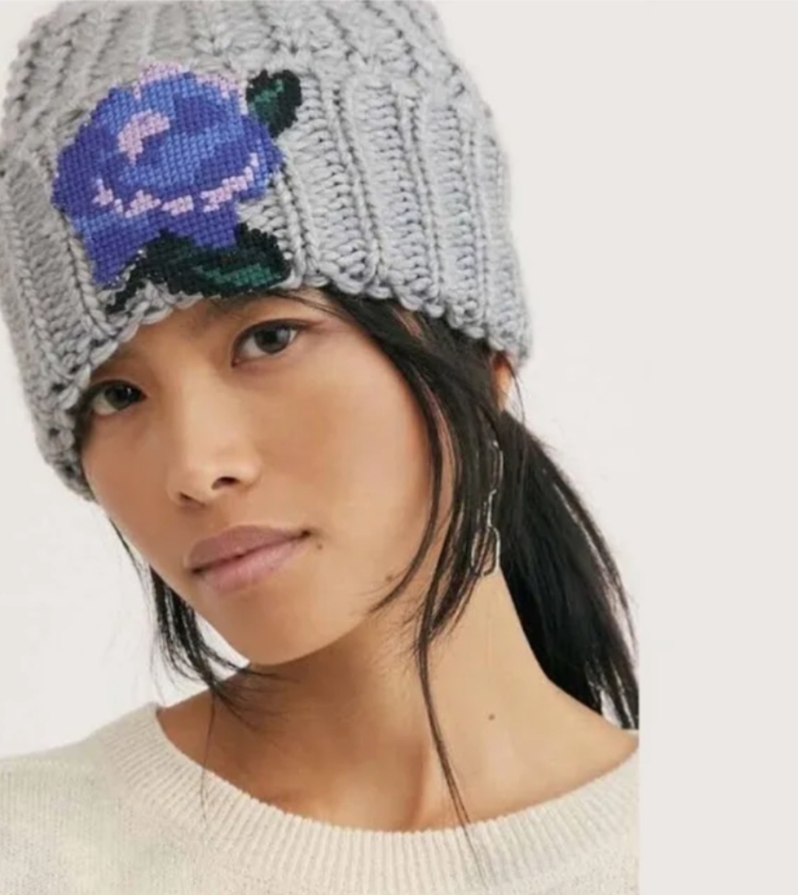 Free People Everything Rosey Applique Knit Beanie Hat Dark Grey One Size